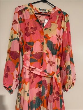 Taylor Pink Multicolor Floral Long-Sleeve Midi Dress